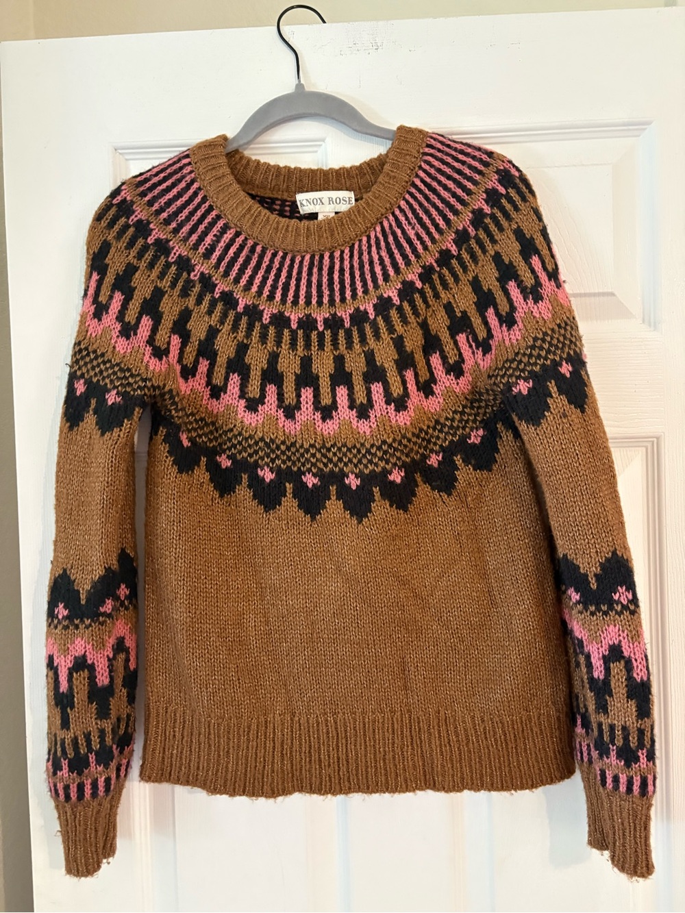 Knox Rose Brown Fair Isle Crewneck Sweater with Pink & Black Pattern